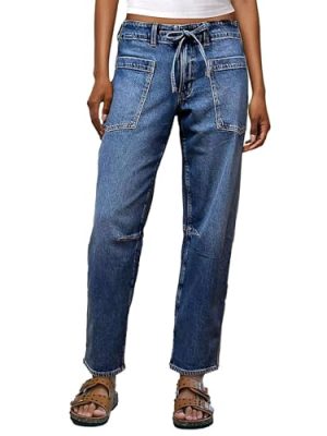 Women’s Chic Stylish Mid Waist Wash Drawstring Stitch Detail Carrot Jeans