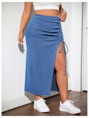 Women's Plus Size Split Thigh Ruched Drawstring Bodycon Denim Midi Skirts