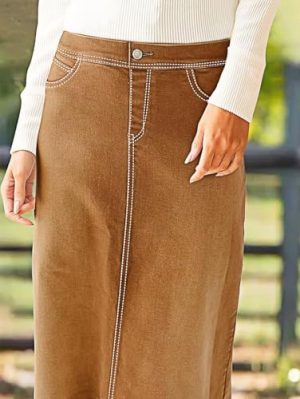 Straigh High Rise Vintage Split Back Contrast Stitch Detail Denim Skirt
