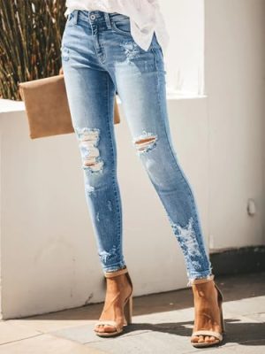 Women's Skinny Ripped Trendy Jeans Distressed Stretchy Denim Pants