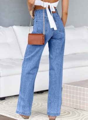 Women's Jeans High Waisted Straight Leg Stretchy Jeans Trendy Welt Pockets Loose Wide Leg Zimbaplatinum Denim Pants
