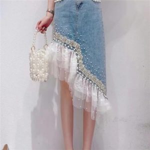 Heavy Industry Pearl Beading Lace Splicing Irregular Hem Jean Skirt Women Summer Korea Denim Skirt