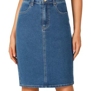 Women's Casual Stretch High Waist Back Slit Denim Jean Knee Length Skirt
