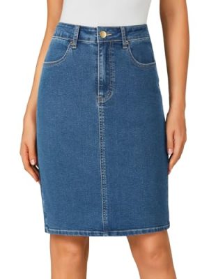 Women's Casual Stretch High Waist Back Slit Denim Jean Knee Length Skirt