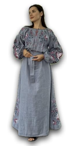 Ukrainian Vyshyvanka Dress | Floral Embroidered Bohemian Summer Dress | Long Linen Boho Dress | Blue Jeans Style (20)