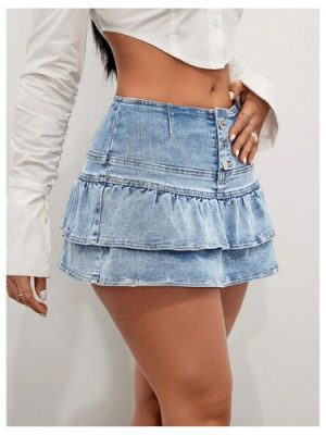 Women's Tiered Layer Ruffle Denim Skorts Y2k Button Front Mini Skirt Shorts
