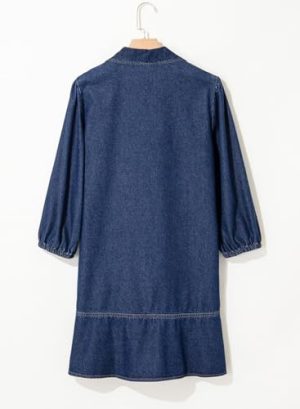 Denim Dress for Women Fashion Fall Casual Babydoll 2025 V Neck 3/4 Puff Sleeve Jean Dresses
