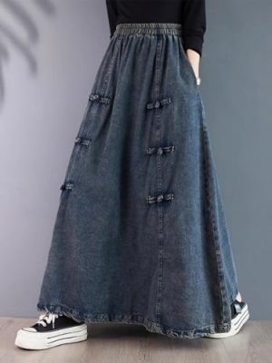 Retro Chinese Style Buckle Denim Skirt for in Spring and Autumn Waist Large Size Slim Long Swaying