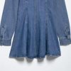 Blue Vintage Women Turn Down Collar Denim Dress Fashionable Single Breasted Long Sleeve Dress