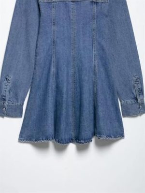Blue Vintage Women Turn Down Collar Denim Dress Fashionable Single Breasted Long Sleeve Dress
