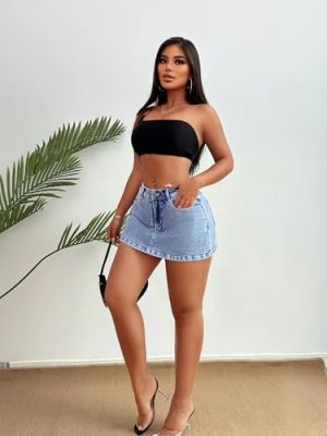 High Stretchy Mini Skort Skirt for Women,Low Waist Denim Skort Shorts with Pockets