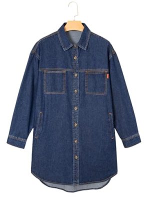 Women's Collared Denim Dress Casual Long Sleeve Button Down Jean Shirt Dresses with Pockets