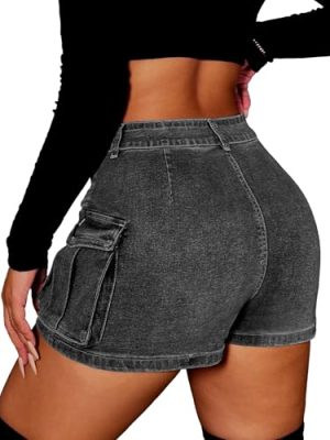 High Stretchy Denim Cargo Skort for Women, High Waist, Casual Mini Y2K Jean Skirt Shorts with Pockets