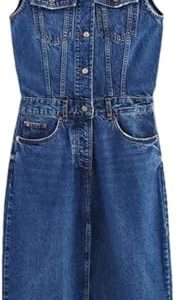 Sleeveless Slim Fit Lapel Mini Denim Dress for Women Vintage Sheath Jean Casual Dresses