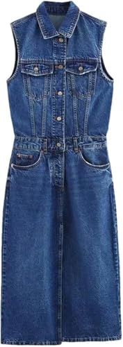 Sleeveless Slim Fit Lapel Mini Denim Dress for Women Vintage Sheath Jean Casual Dresses