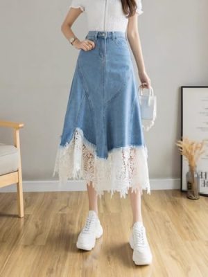Lace ​​Denim Skirt for Women Summer Waist Midlength Retro Irregular