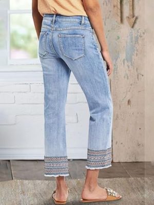 Straight Leg Jeans for Women Low Rise Cropped Jeans Wash Embroidery Raw Hem Denim Pants