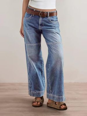 Women's Stitch Detail Mid Waist Straight Leg Jeans Without Belt
