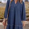 Denim Dress for Women Fashion Fall Casual Babydoll 2025 V Neck 3/4 Puff Sleeve Jean Dresses