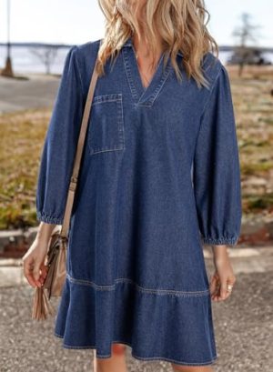 Denim Dress for Women Fashion Fall Casual Babydoll 2025 V Neck 3/4 Puff Sleeve Jean Dresses