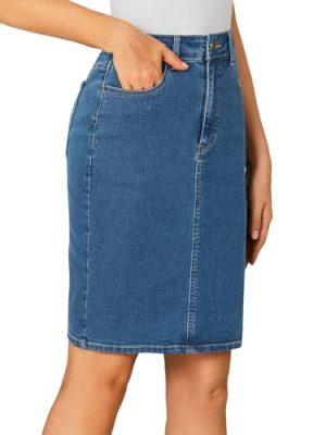 Women's Casual Stretch High Waist Back Slit Denim Jean Knee Length Skirt