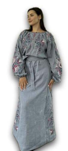 Ukrainian Vyshyvanka Dress | Floral Embroidered Bohemian Summer Dress | Long Linen Boho Dress | Blue Jeans Style (20)