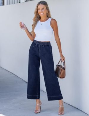 Wide Leg Jeans for Women High Waisted Cropped Pull On Jeans Elastic Wasit Drawstring Stretch Denim Trouser Pants