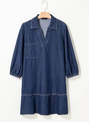 Denim Dress for Women Fashion Fall Casual Babydoll 2025 V Neck 3/4 Puff Sleeve Jean Dresses