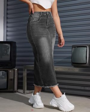 Women High Waist Midi Denim Skirt with Back Slit Casual A-Line Long Jean Skirts with Pockets Ladies