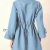 Womens Denim Shirt Dress Collared V Neck Bell Long Sleeve Mini Casual A-line Jean Dresses with Bow