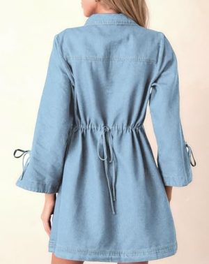 Womens Denim Shirt Dress Collared V Neck Bell Long Sleeve Mini Casual A-line Jean Dresses with Bow