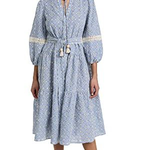 Women's Embroidered Umbrella Midi Dress, Chambray Blue/Sand, Large