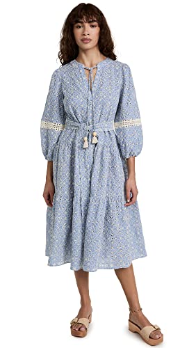 Women's Embroidered Umbrella Midi Dress, Chambray Blue/Sand, Large