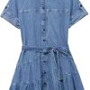 Summer Womens Denim Dress Turn Down Collar Single Breasted Mini Pleated Lace Up Casual Dress