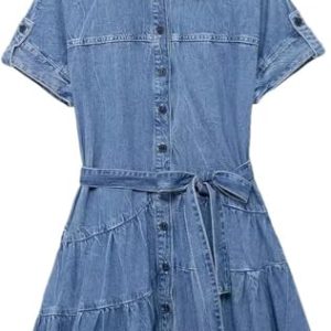 Summer Womens Denim Dress Turn Down Collar Single Breasted Mini Pleated Lace Up Casual Dress