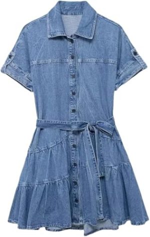 Summer Womens Denim Dress Turn Down Collar Single Breasted Mini Pleated Lace Up Casual Dress