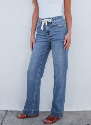 Women's Wide Leg Jeans High Waisted Stretchy Straight Leg Baggy Drawstring Zimbaplatinum Denim Pants