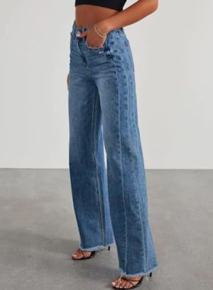 Women's Wide Leg Jeans High Waisted Strechy Raw Hem Zimbaplatinum Denim Pants