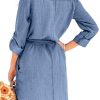Women's Casual Button Down Jean Shirt Dress Long Sleeve Tie Waist Lightweight Denim Shirt Dress
