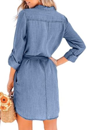 Women's Casual Button Down Jean Shirt Dress Long Sleeve Tie Waist Lightweight Denim Shirt Dress