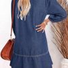 Denim Dress for Women Fashion Fall Casual Babydoll 2025 V Neck 3/4 Puff Sleeve Jean Dresses