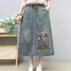 Denim Skirt for Women in Spring Summer Retro Ethnic Style Embroidered Waist Loose Slim Casual Midlength