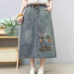 Denim Skirt for Women in Spring Summer Retro Ethnic Style Embroidered Waist Loose Slim Casual Midlength
