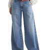 Wide Leg Jeans for Women Mid Waist Baggy Stitch Decor Denim Washed Pants Without Belt