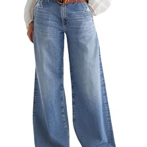 Wide Leg Jeans for Women Mid Waist Baggy Stitch Decor Denim Washed Pants Without Belt