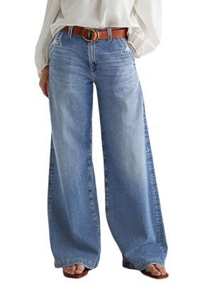 Wide Leg Jeans for Women Mid Waist Baggy Stitch Decor Denim Washed Pants Without Belt