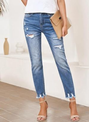 Womens Jeans High Waisted Stretchy Ripped Distressed Tummy Control Straight Ankle Jean for Women Trendy 2025