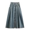 Vintage High Waist Casual Denim Skirts Women Single-Breasted Basic A-Line Long Skirts