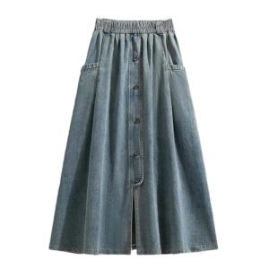 Vintage High Waist Casual Denim Skirts Women Single-Breasted Basic A-Line Long Skirts