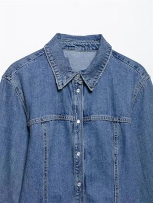 Blue Vintage Women Turn Down Collar Denim Dress Fashionable Single Breasted Long Sleeve Dress